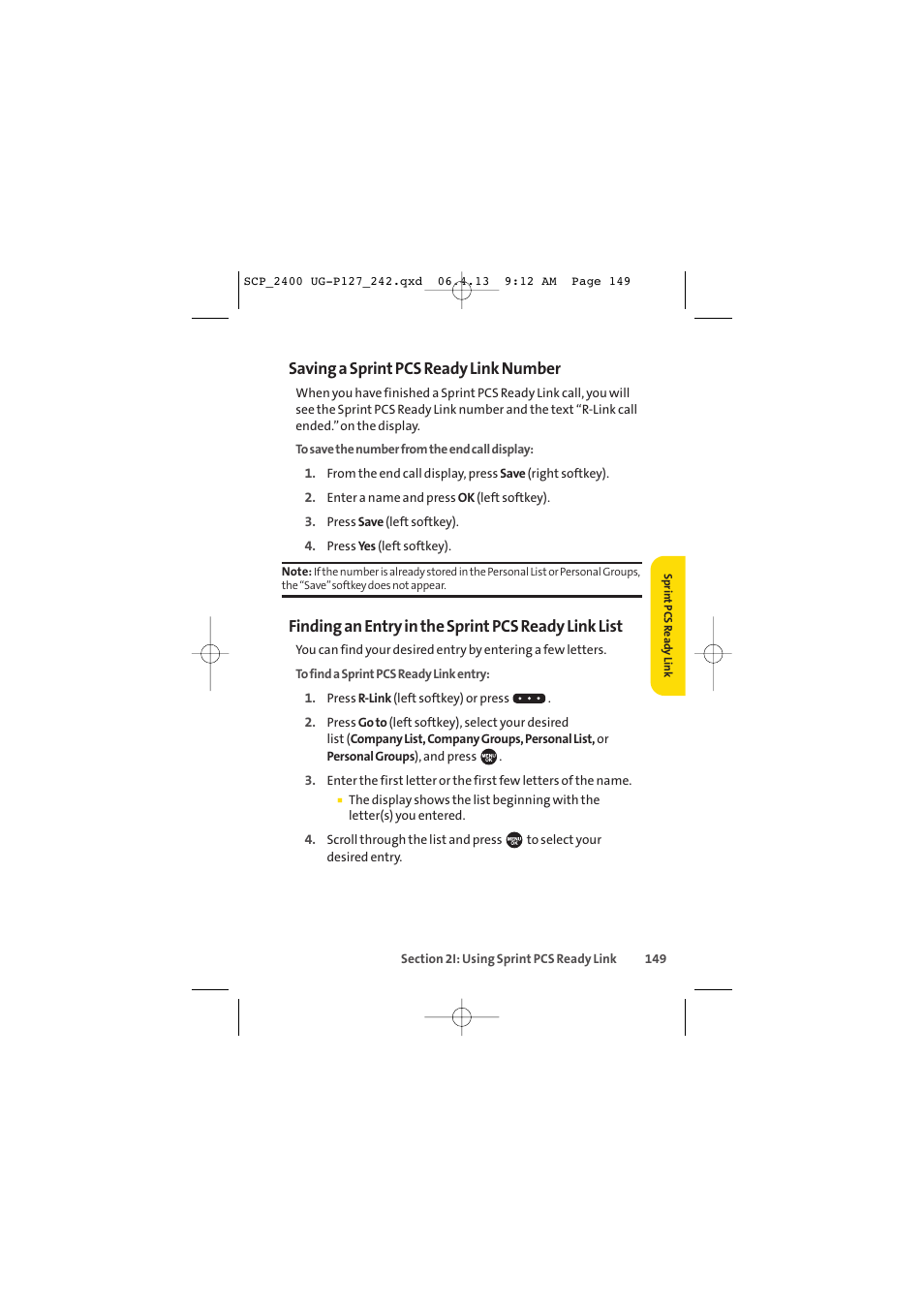 Saving a sprint pcs ready link number, Finding an entry in the sprint pcs ready link list | Sprint Nextel SPRINT PCS VISION SCP-2400 User Manual | Page 165 / 256