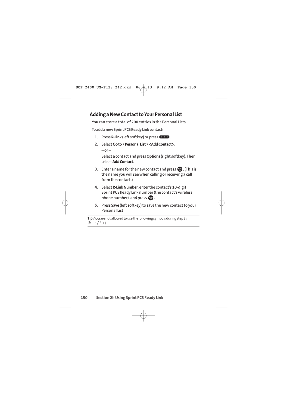 Adding a new contact to your personal list | Sprint Nextel SPRINT PCS VISION SCP-2400 User Manual | Page 166 / 256