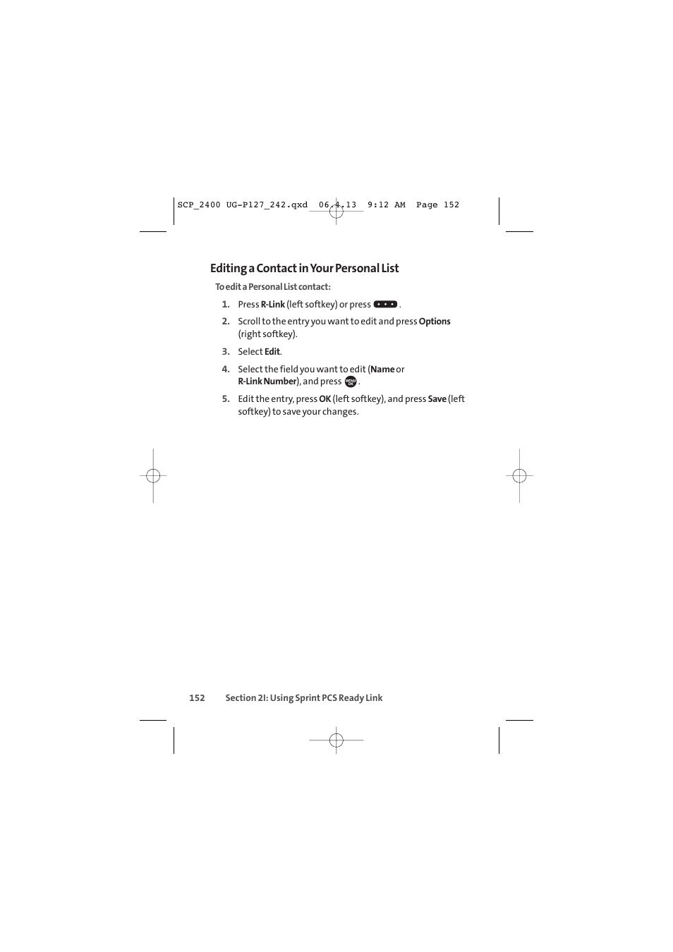 Editing a contact in your personal list | Sprint Nextel SPRINT PCS VISION SCP-2400 User Manual | Page 168 / 256