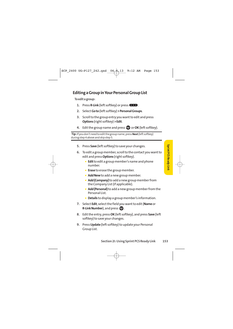 Editing a group in your personal group list | Sprint Nextel SPRINT PCS VISION SCP-2400 User Manual | Page 169 / 256