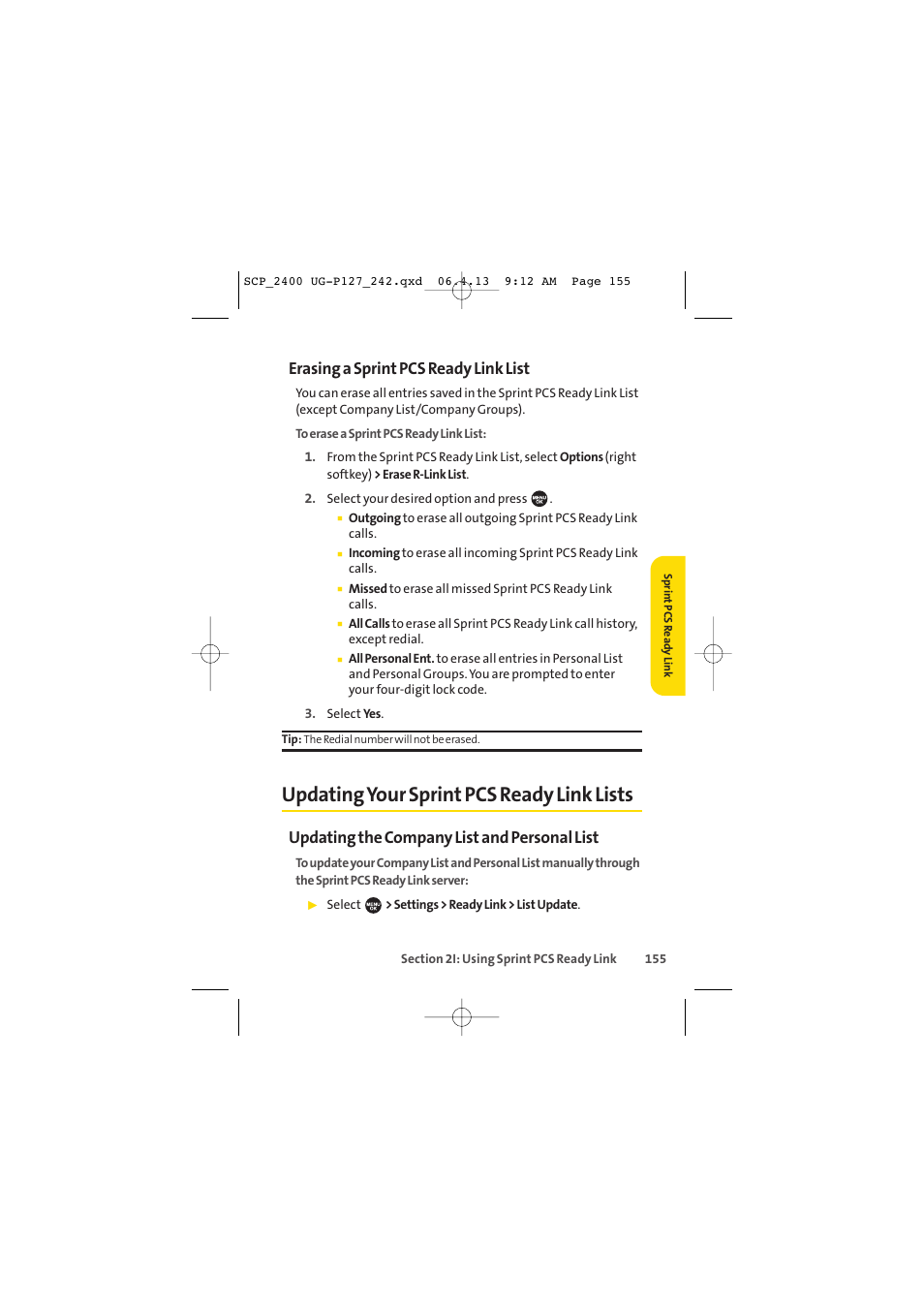 Updating your sprint pcs ready link lists, Erasing a sprint pcs ready link list, Updating the company list and personal list | Sprint Nextel SPRINT PCS VISION SCP-2400 User Manual | Page 171 / 256