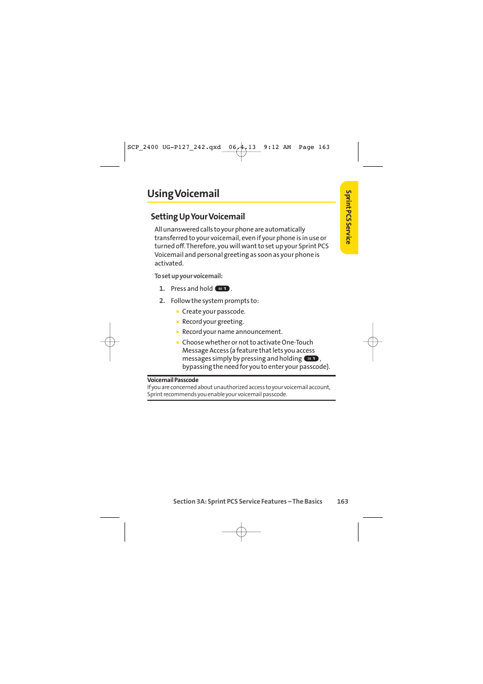 Using voicemail, Setting upyour voicemail | Sprint Nextel SPRINT PCS VISION SCP-2400 User Manual | Page 179 / 256