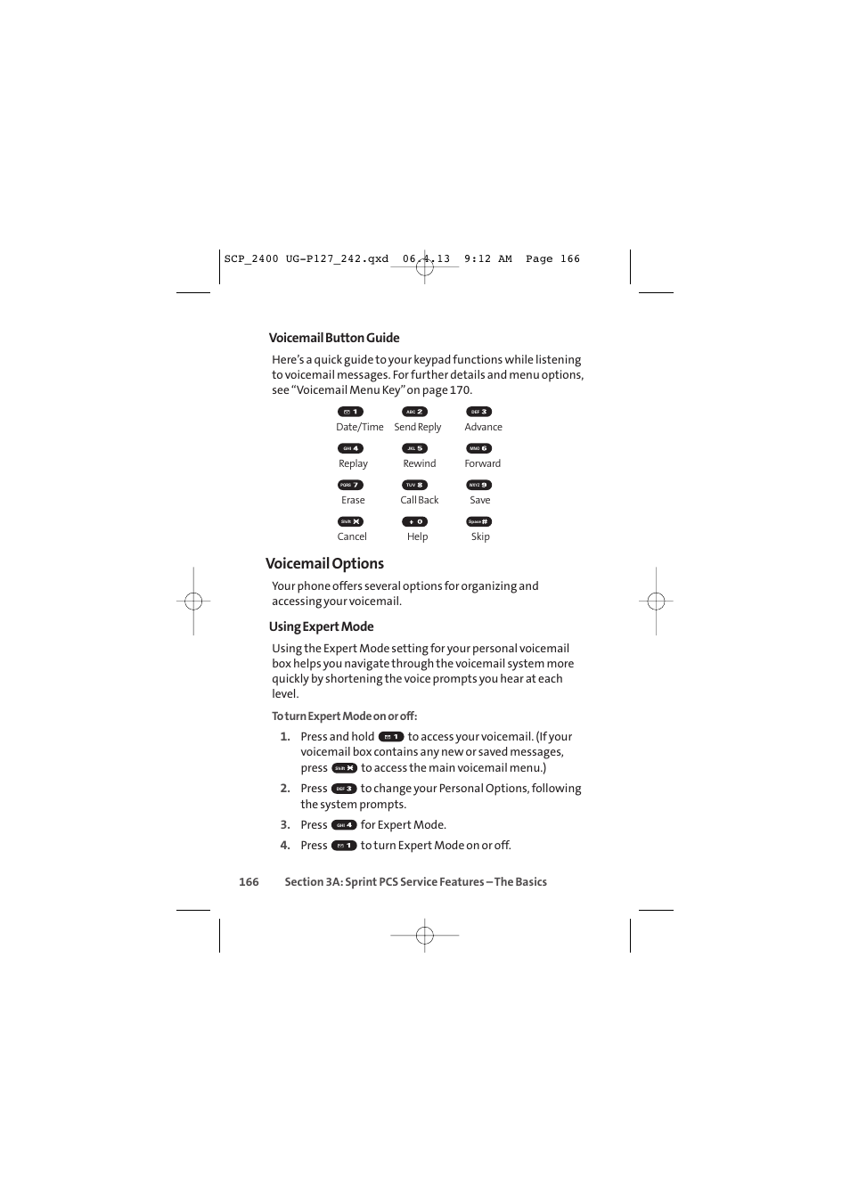 Voicemail options, Voicemail button guide, Using expert mode | Sprint Nextel SPRINT PCS VISION SCP-2400 User Manual | Page 182 / 256