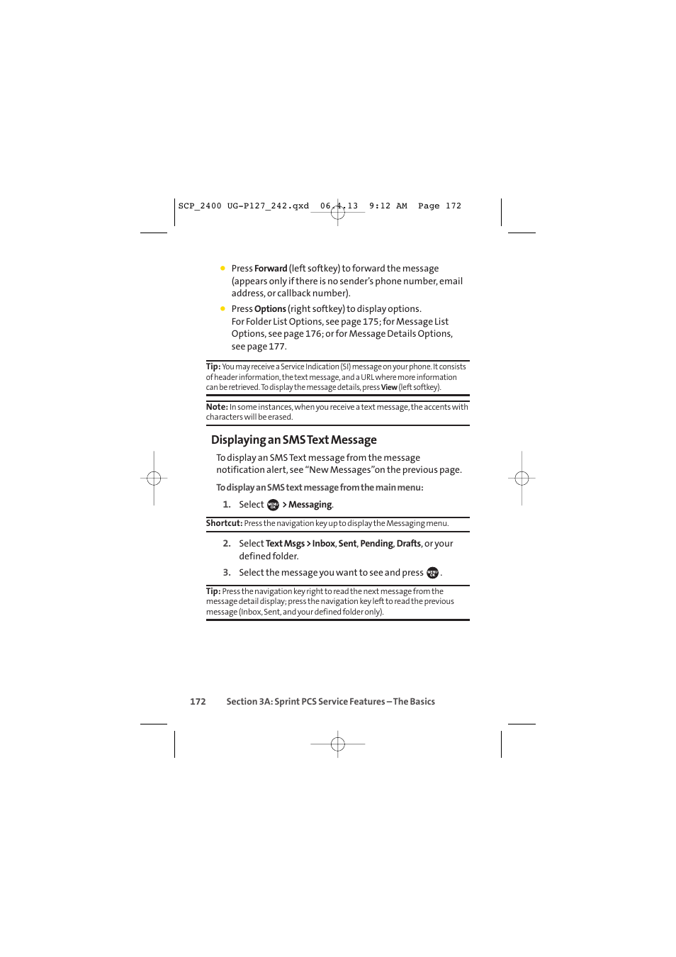 Displaying an sms text message | Sprint Nextel SPRINT PCS VISION SCP-2400 User Manual | Page 188 / 256