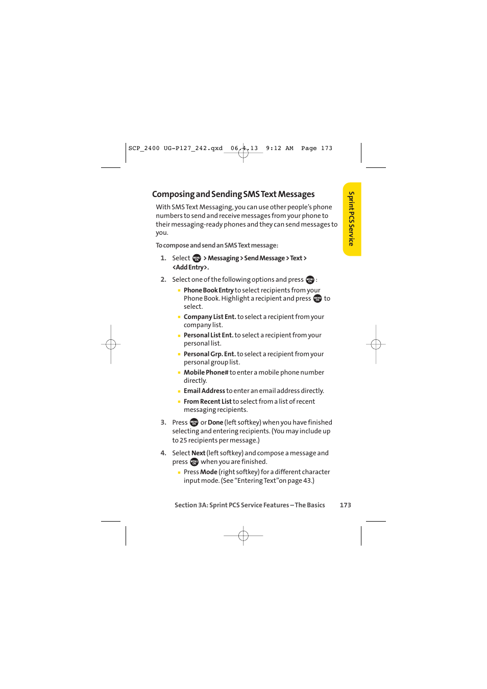 Composing and sending sms text messages | Sprint Nextel SPRINT PCS VISION SCP-2400 User Manual | Page 189 / 256