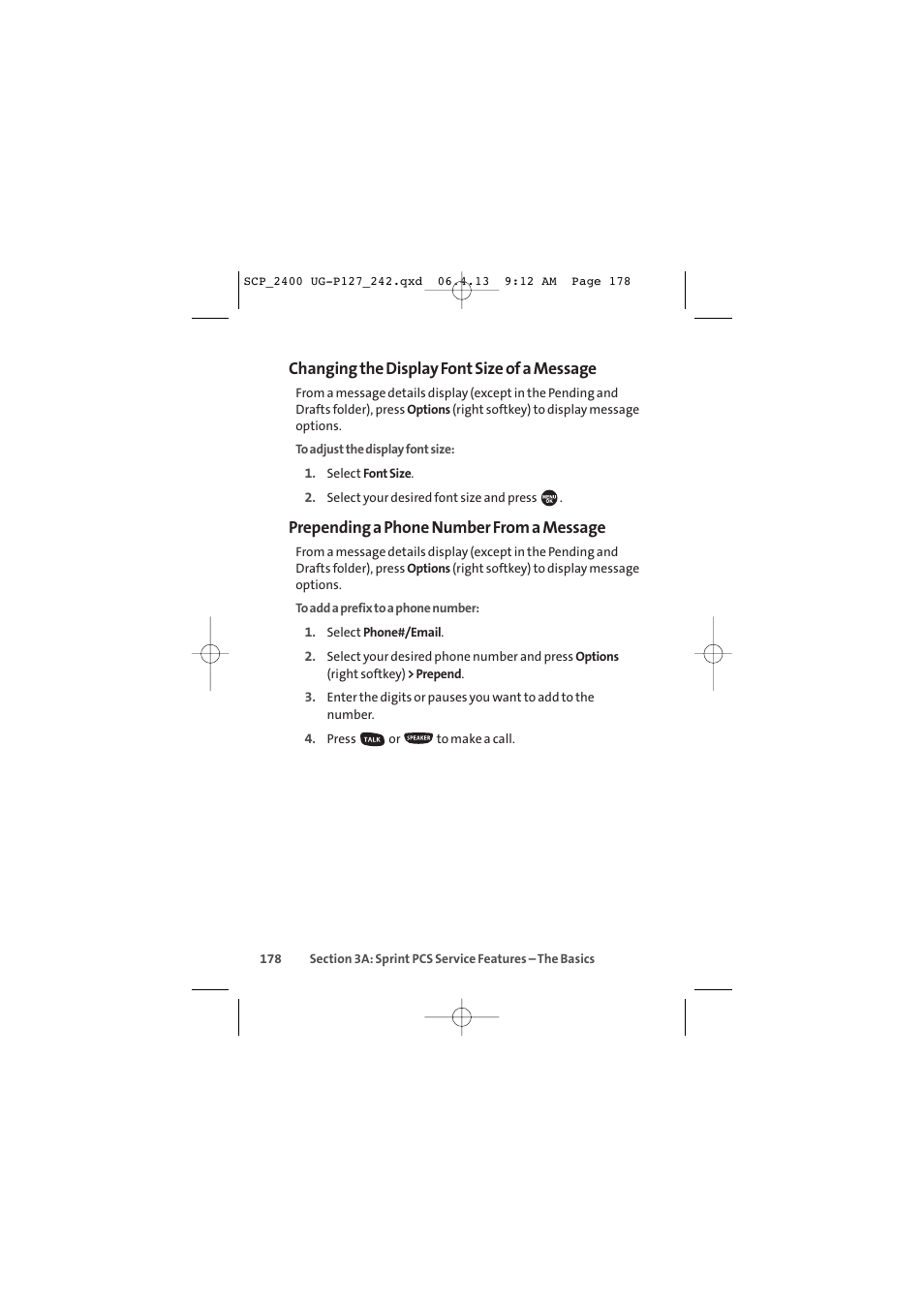 Changing the display font size of a message, Prepending a phone number from a message | Sprint Nextel SPRINT PCS VISION SCP-2400 User Manual | Page 194 / 256