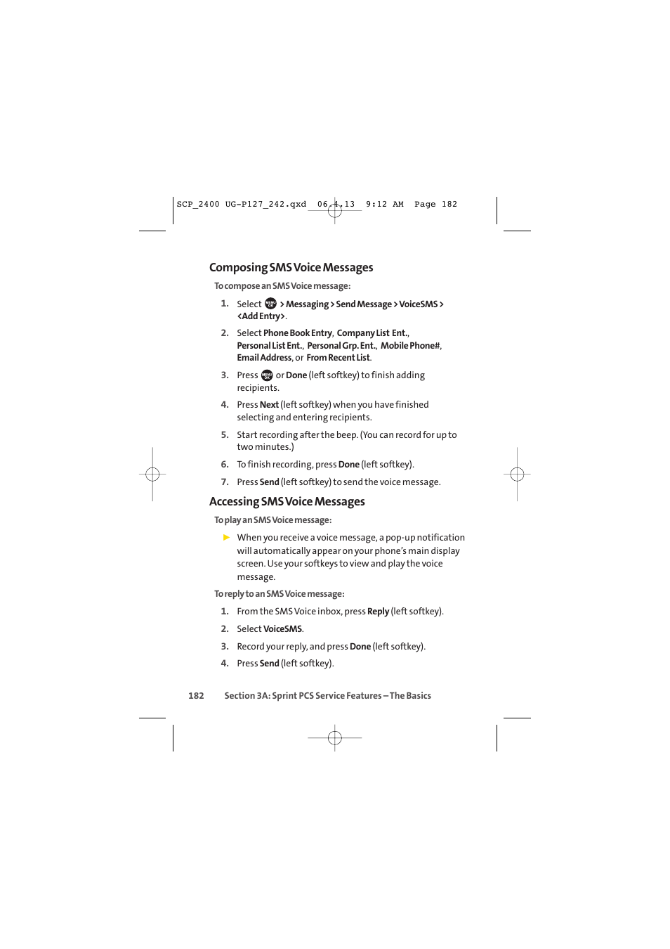 Composing sms voice messages, Accessing sms voice messages | Sprint Nextel SPRINT PCS VISION SCP-2400 User Manual | Page 198 / 256