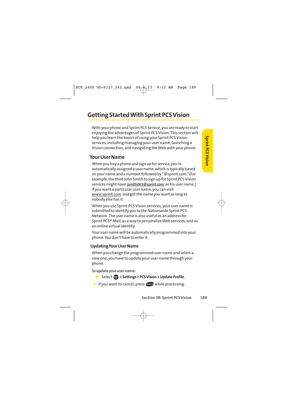 Getting started with sprint pcs vision, Your user name | Sprint Nextel SPRINT PCS VISION SCP-2400 User Manual | Page 205 / 256