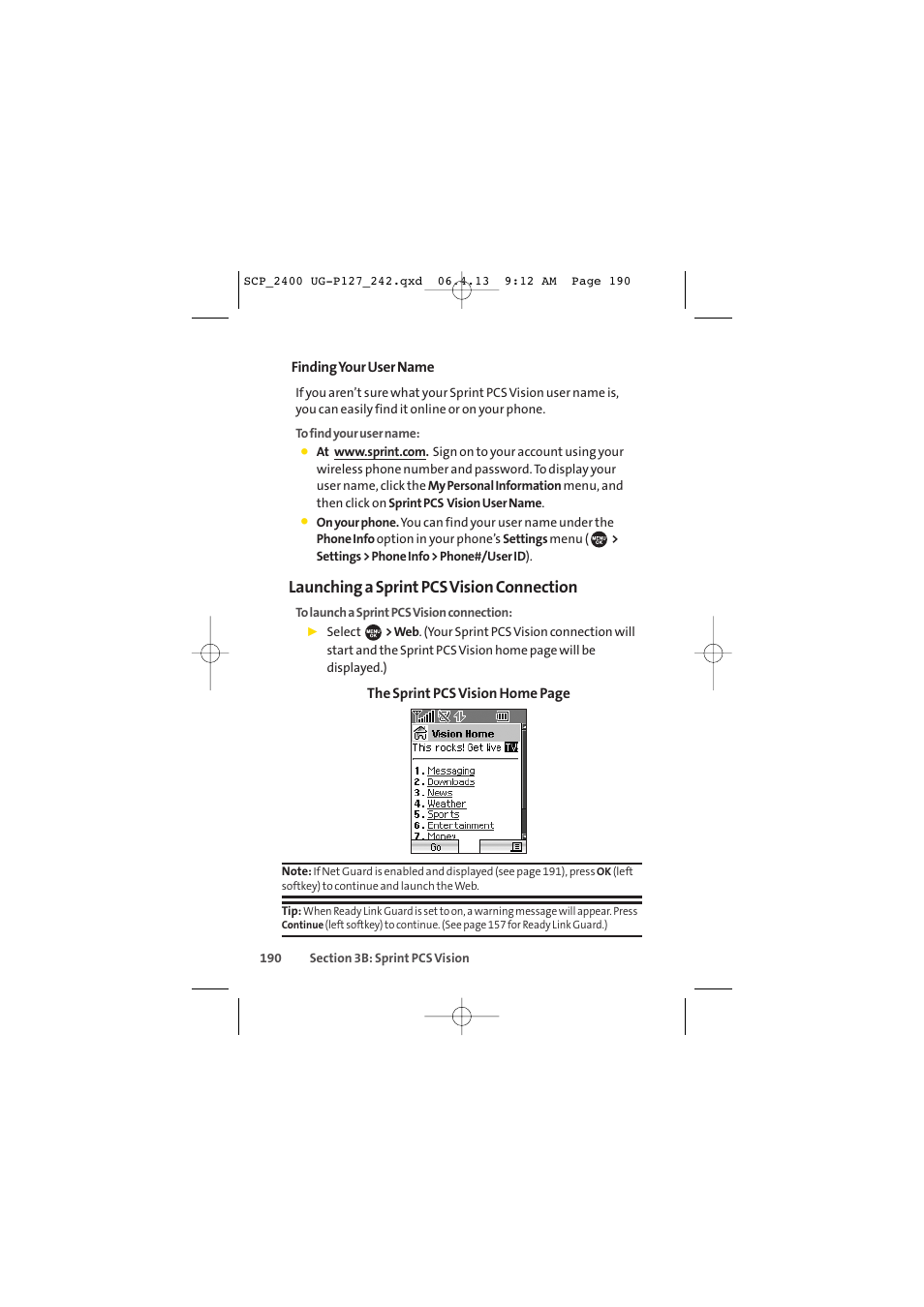 Launching a sprint pcs vision connection | Sprint Nextel SPRINT PCS VISION SCP-2400 User Manual | Page 206 / 256