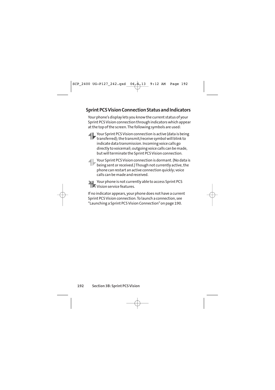 Sprint pcs vision connection status and indicators | Sprint Nextel SPRINT PCS VISION SCP-2400 User Manual | Page 208 / 256