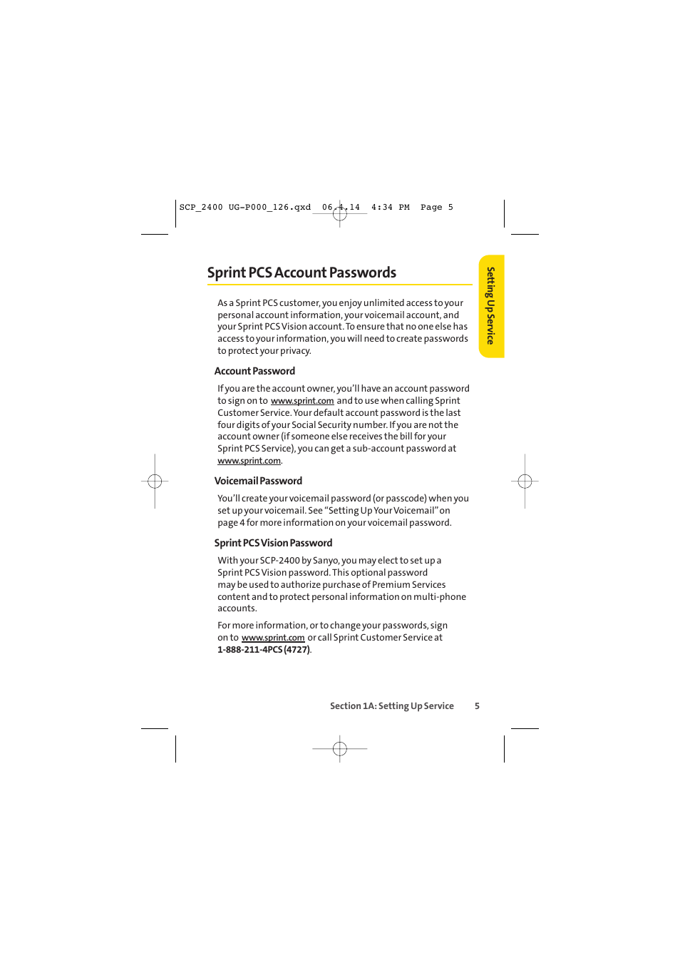 Sprint pcs account passwords | Sprint Nextel SPRINT PCS VISION SCP-2400 User Manual | Page 21 / 256