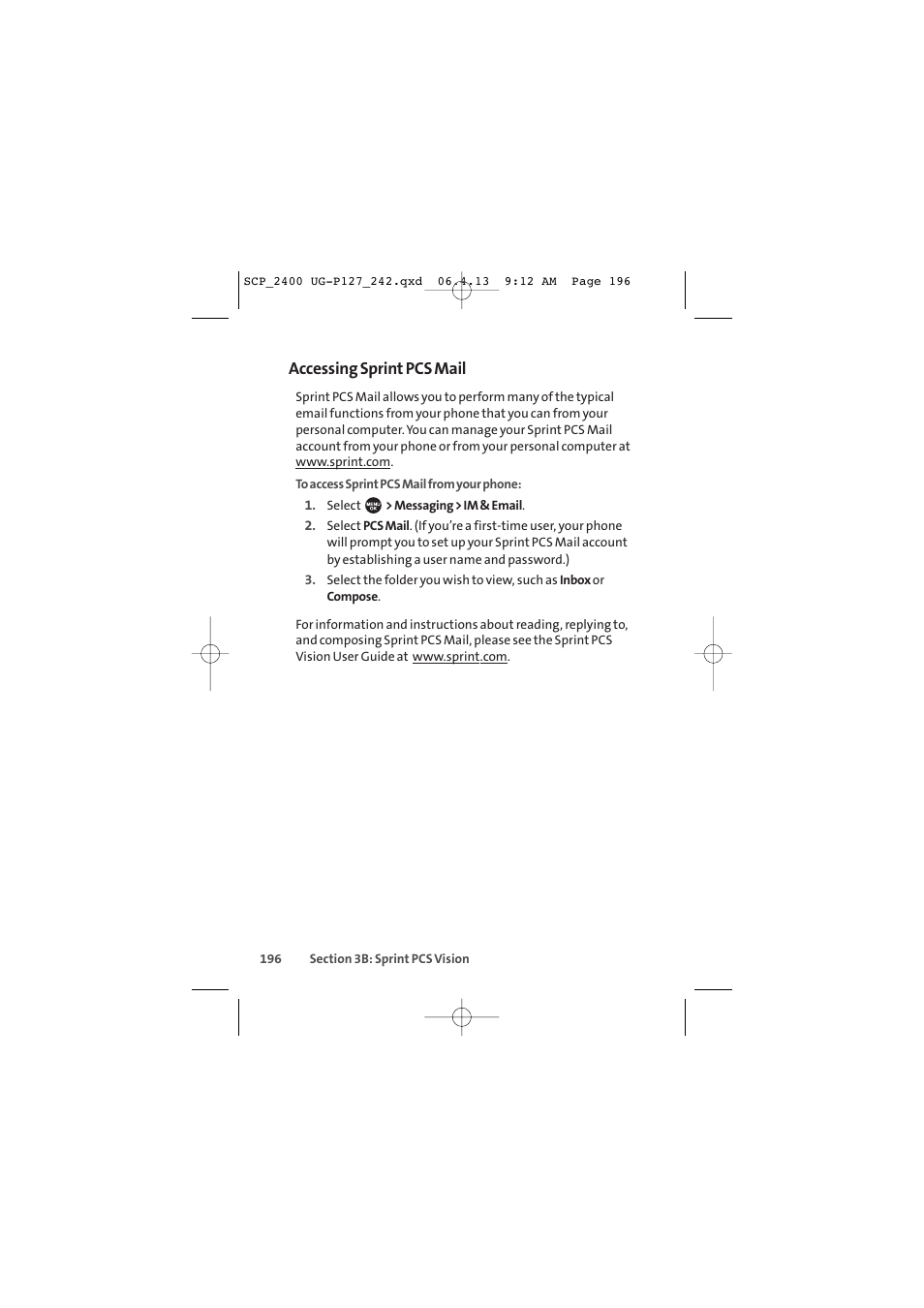 Accessing sprint pcs mail | Sprint Nextel SPRINT PCS VISION SCP-2400 User Manual | Page 212 / 256