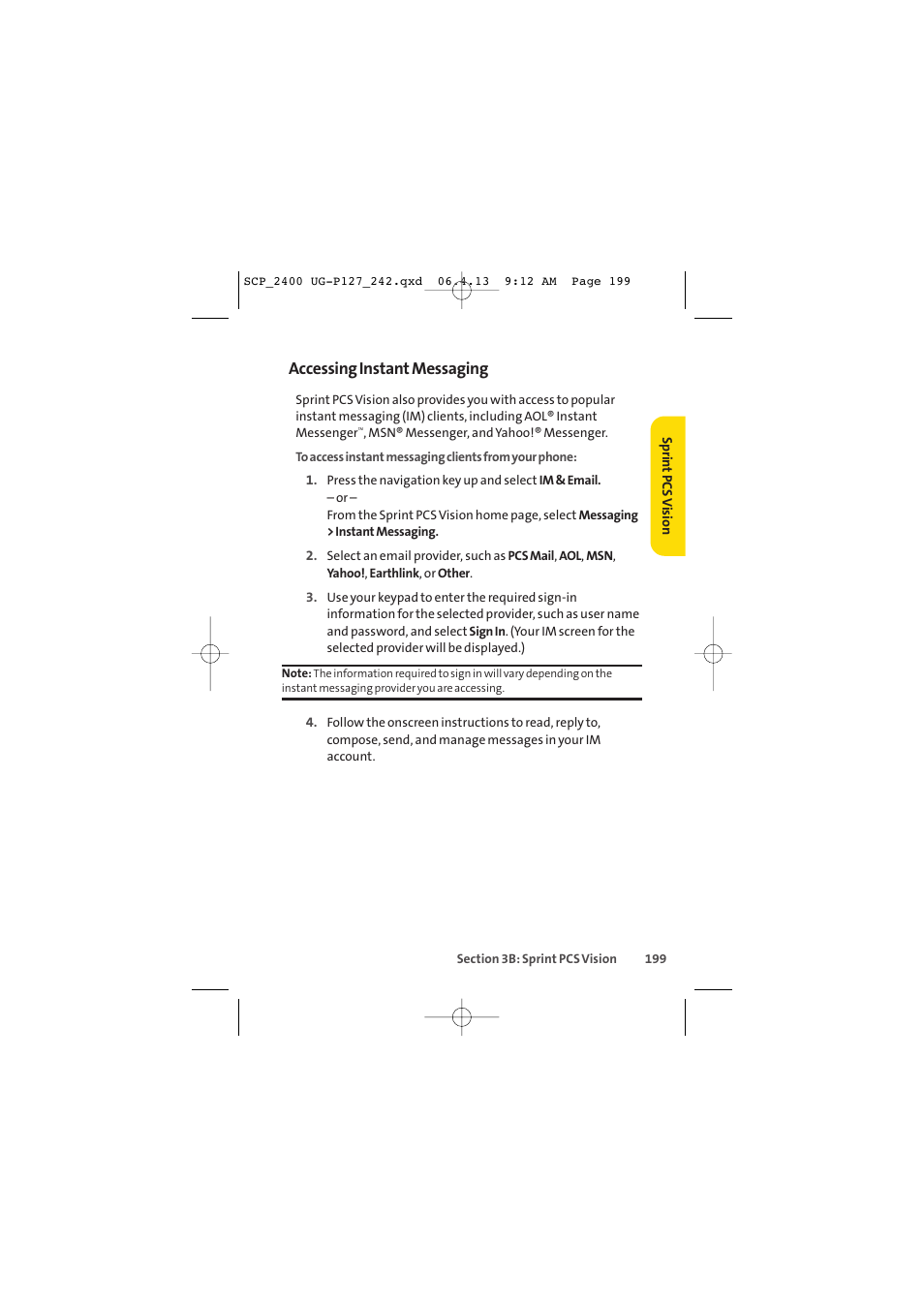 Accessing instant messaging | Sprint Nextel SPRINT PCS VISION SCP-2400 User Manual | Page 215 / 256