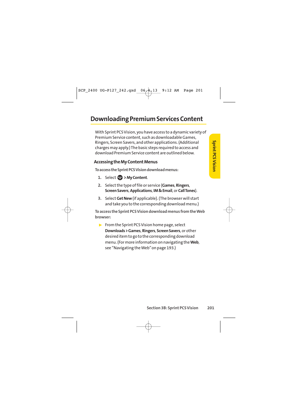 Downloading premium services content | Sprint Nextel SPRINT PCS VISION SCP-2400 User Manual | Page 217 / 256