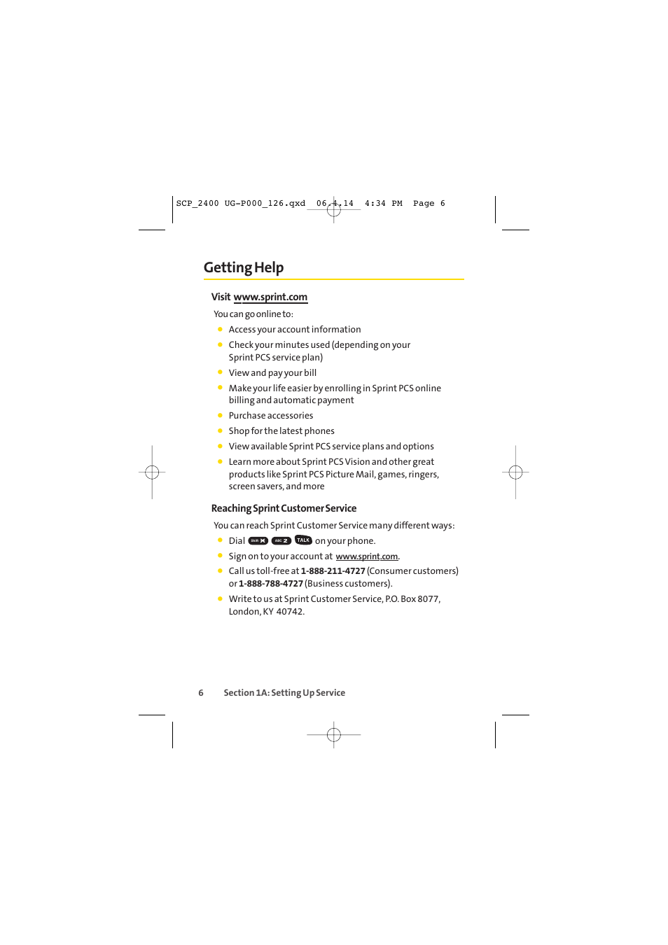 Getting help, Reaching sprint customer service | Sprint Nextel SPRINT PCS VISION SCP-2400 User Manual | Page 22 / 256