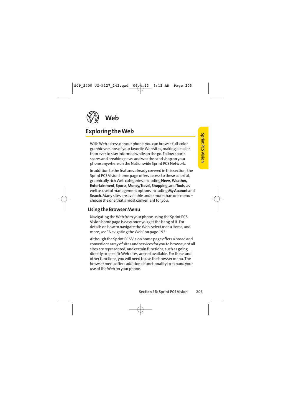 Exploring the web | Sprint Nextel SPRINT PCS VISION SCP-2400 User Manual | Page 221 / 256