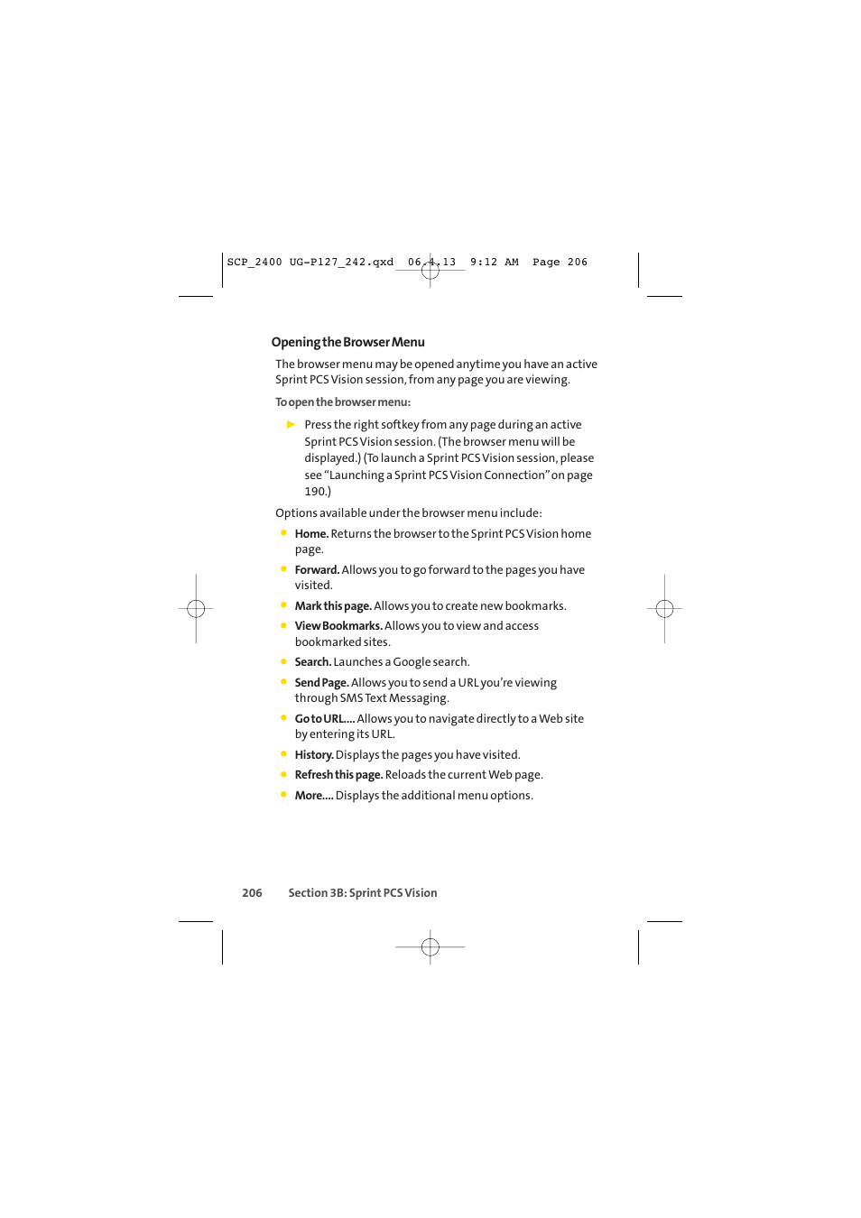 Opening the browser menu | Sprint Nextel SPRINT PCS VISION SCP-2400 User Manual | Page 222 / 256