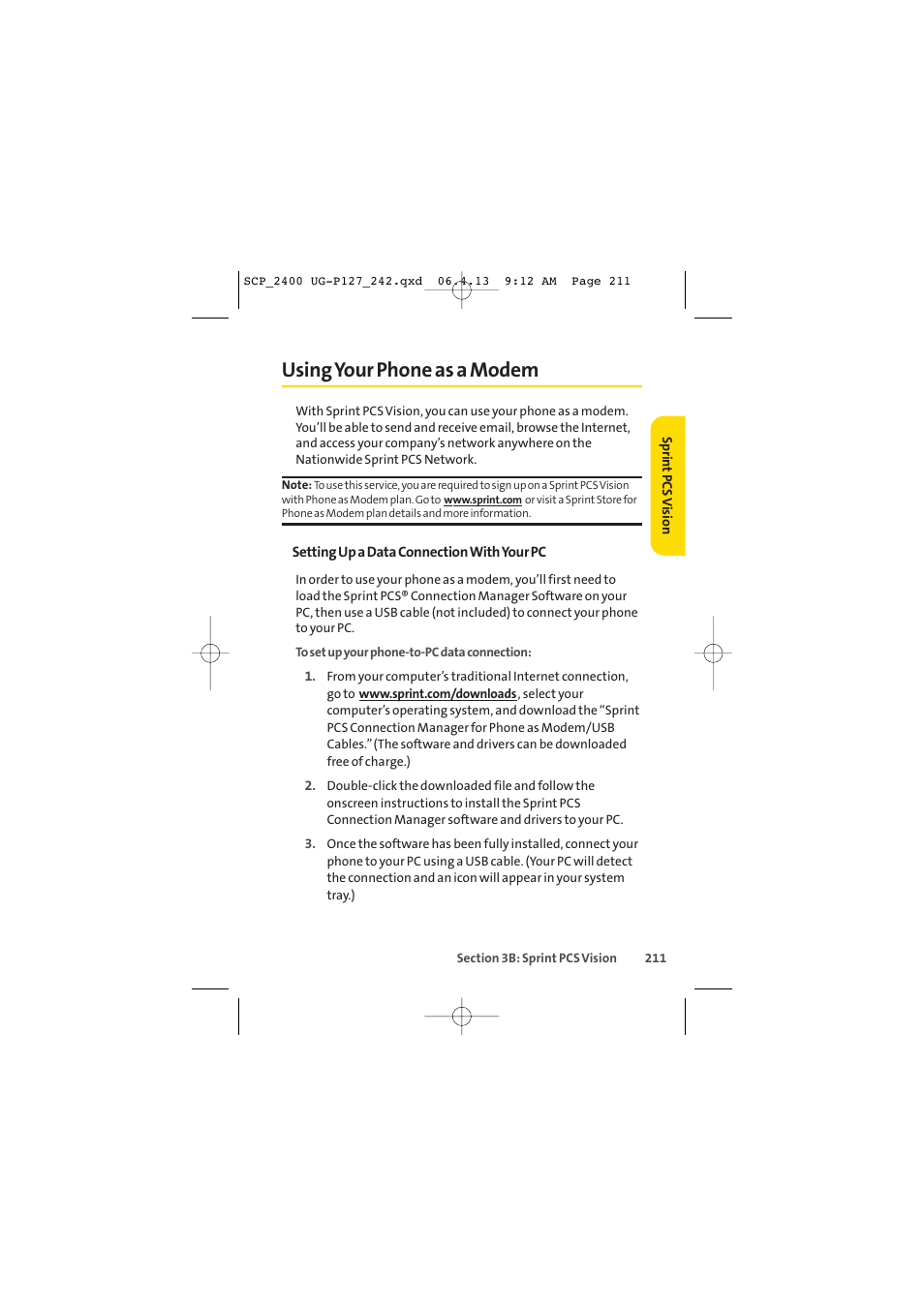 Using your phone as a modem | Sprint Nextel SPRINT PCS VISION SCP-2400 User Manual | Page 227 / 256