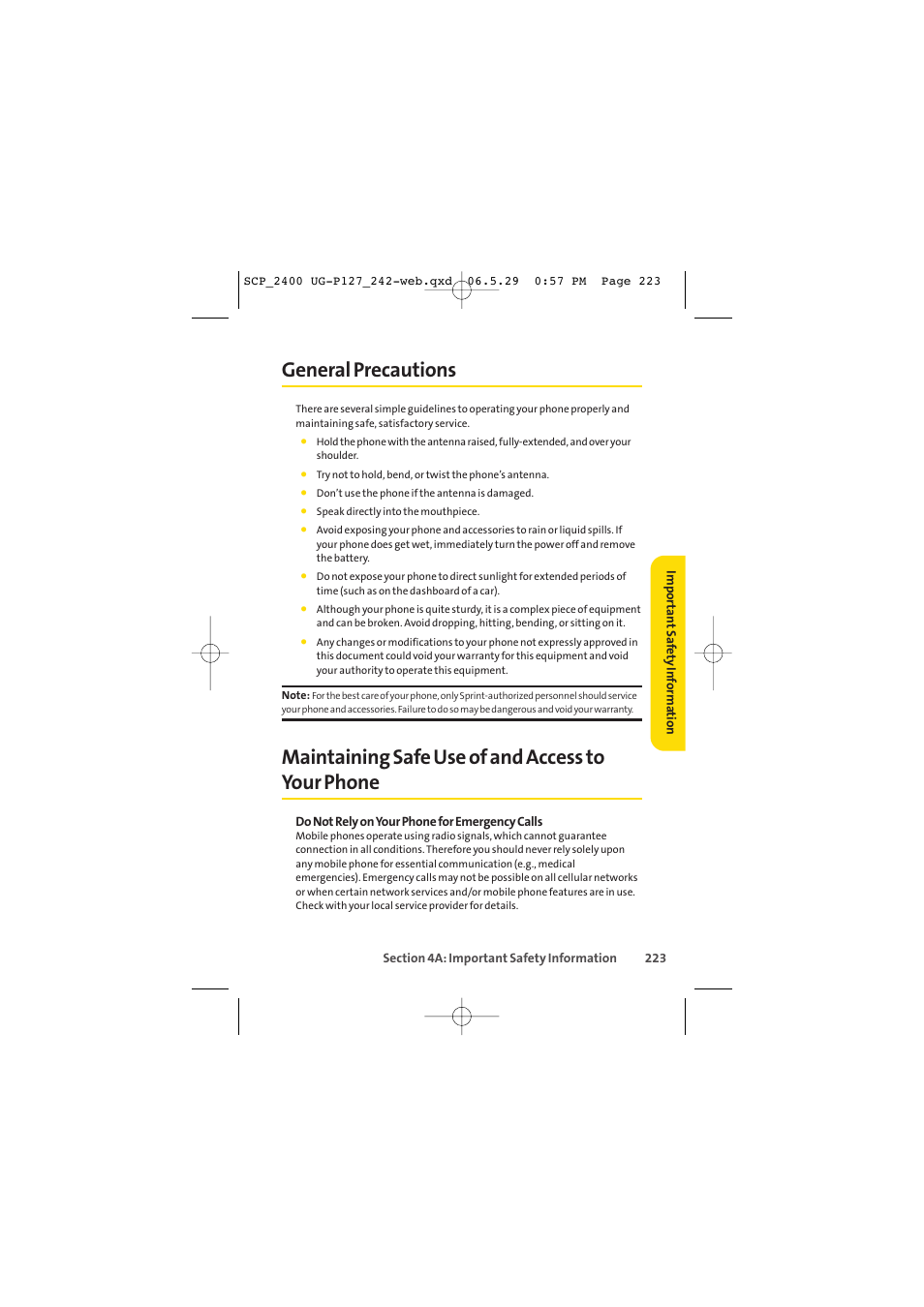 General precautions, Maintaining safe use of and access to your phone | Sprint Nextel SPRINT PCS VISION SCP-2400 User Manual | Page 239 / 256