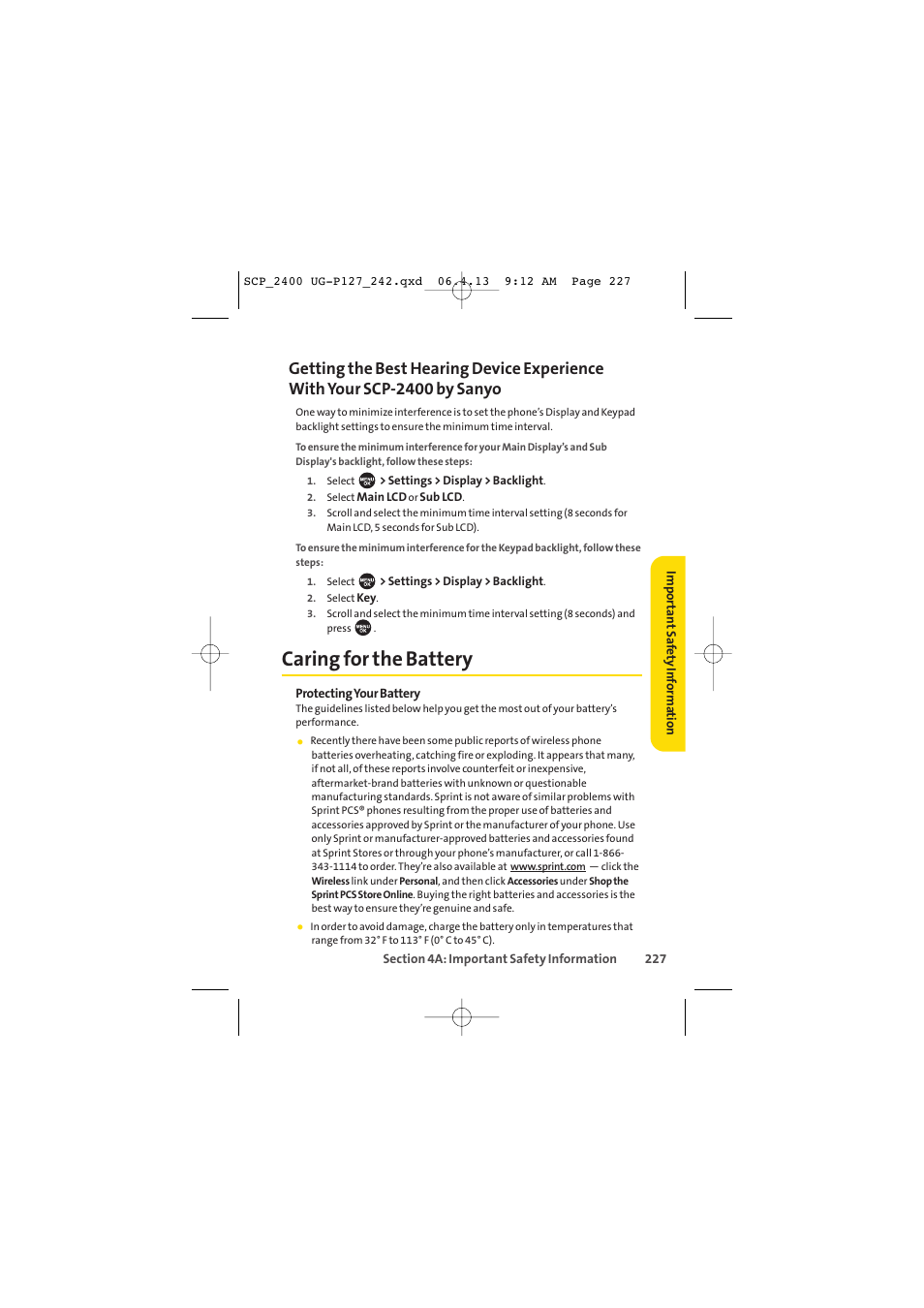 Caring for the battery | Sprint Nextel SPRINT PCS VISION SCP-2400 User Manual | Page 243 / 256