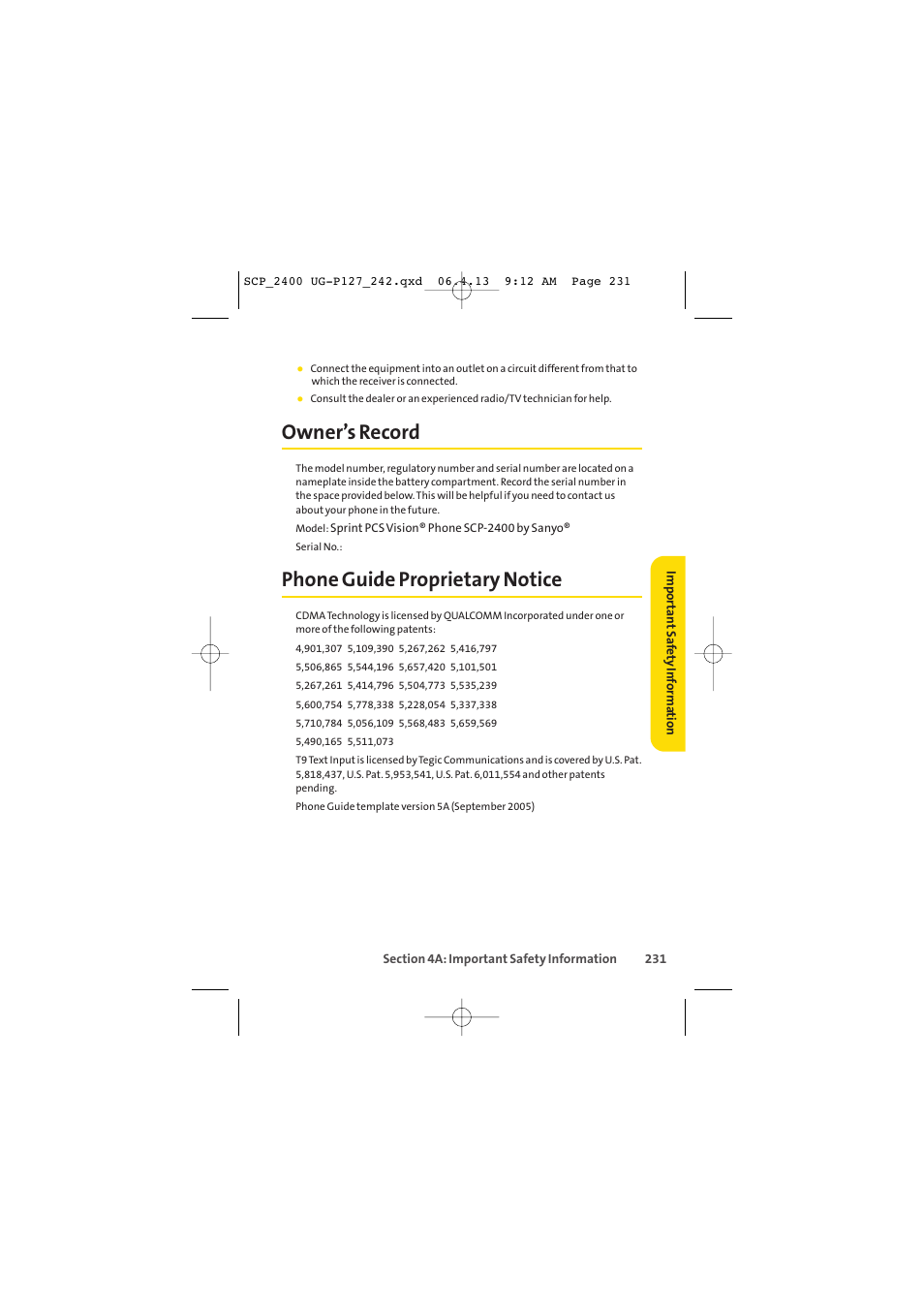 Owner’s record, Phone guide proprietary notice | Sprint Nextel SPRINT PCS VISION SCP-2400 User Manual | Page 247 / 256