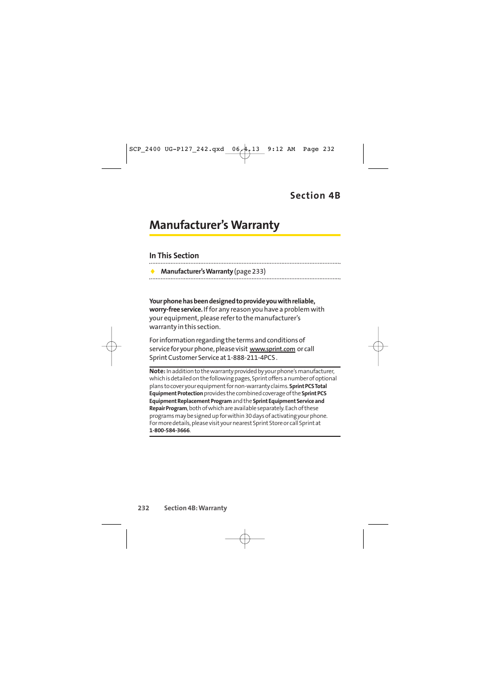 Manufacturer’s warranty | Sprint Nextel SPRINT PCS VISION SCP-2400 User Manual | Page 248 / 256