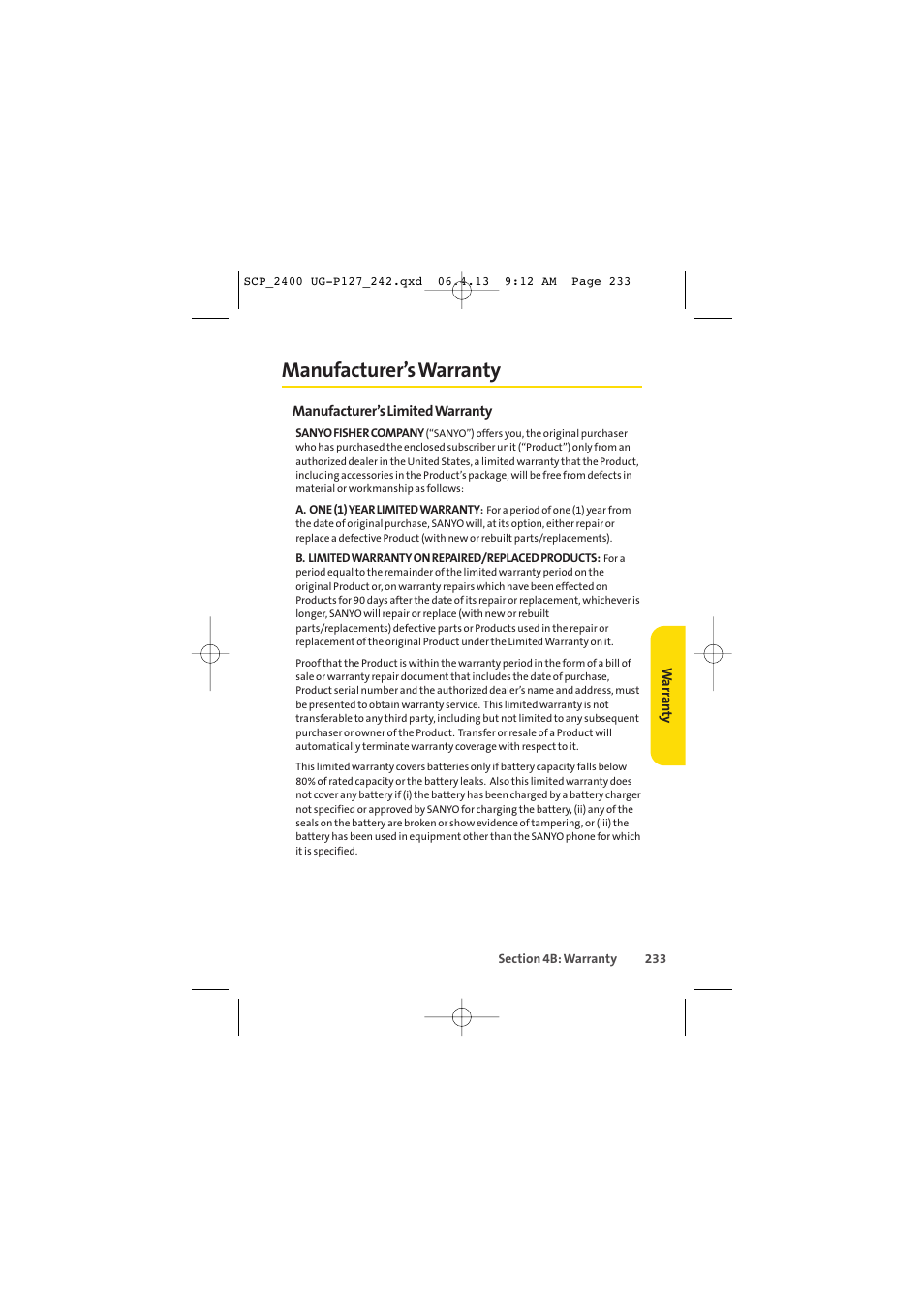 Manufacturer’s warranty | Sprint Nextel SPRINT PCS VISION SCP-2400 User Manual | Page 249 / 256