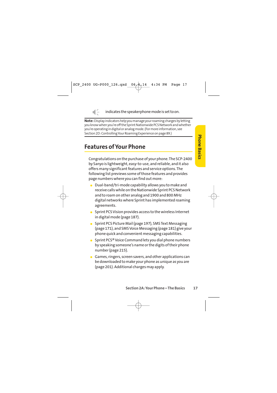 Features of your phone, Phone basics | Sprint Nextel SPRINT PCS VISION SCP-2400 User Manual | Page 33 / 256