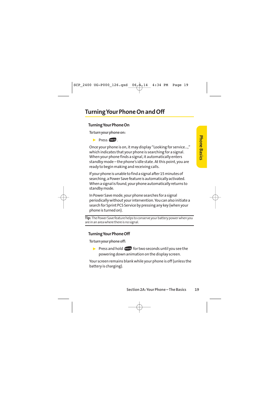 Turning your phone on and off | Sprint Nextel SPRINT PCS VISION SCP-2400 User Manual | Page 35 / 256