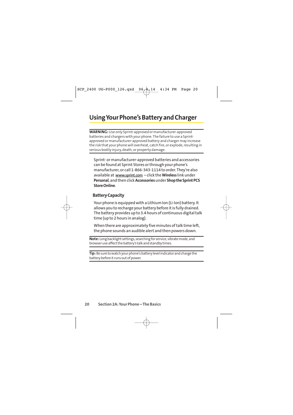 Using your phone’s battery and charger | Sprint Nextel SPRINT PCS VISION SCP-2400 User Manual | Page 36 / 256