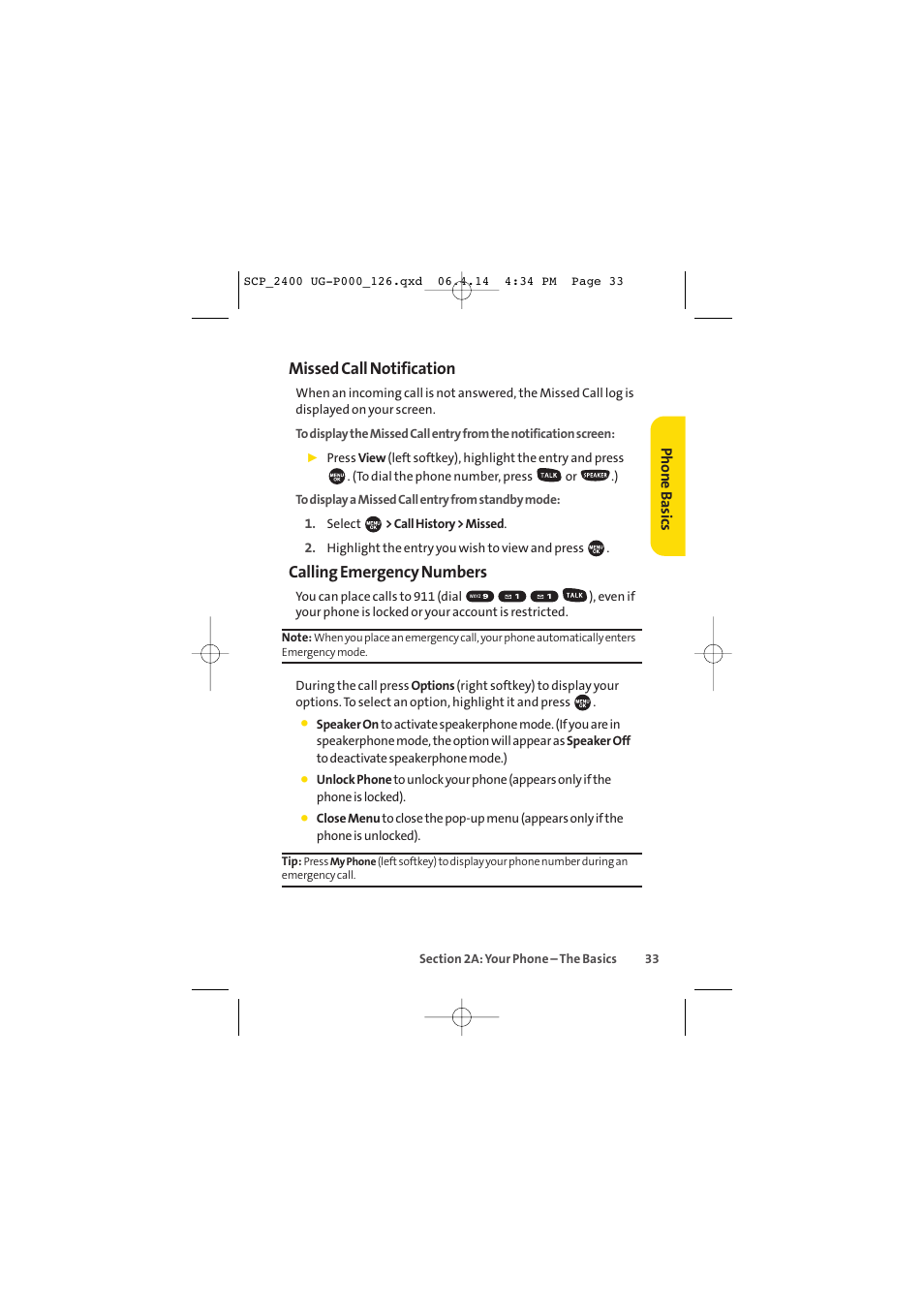 Missed call notification, Calling emergency numbers, Phone basics | Sprint Nextel SPRINT PCS VISION SCP-2400 User Manual | Page 49 / 256