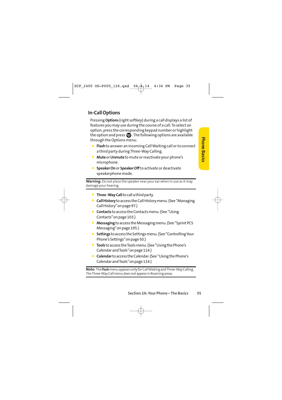 In-call options, Phone basics | Sprint Nextel SPRINT PCS VISION SCP-2400 User Manual | Page 51 / 256