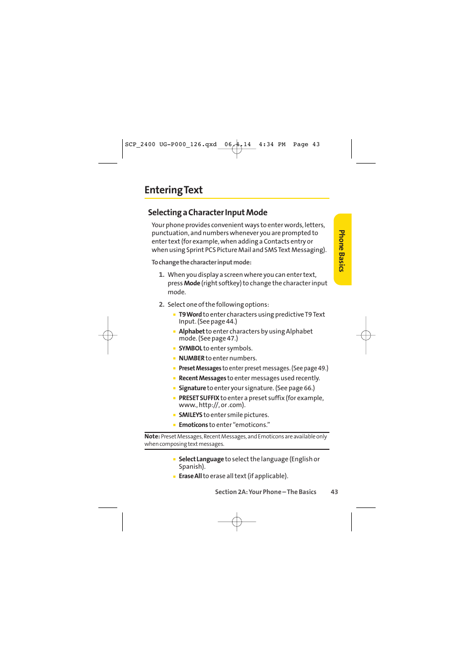 Entering text, Selecting a character input mode, Phone basics | Sprint Nextel SPRINT PCS VISION SCP-2400 User Manual | Page 59 / 256