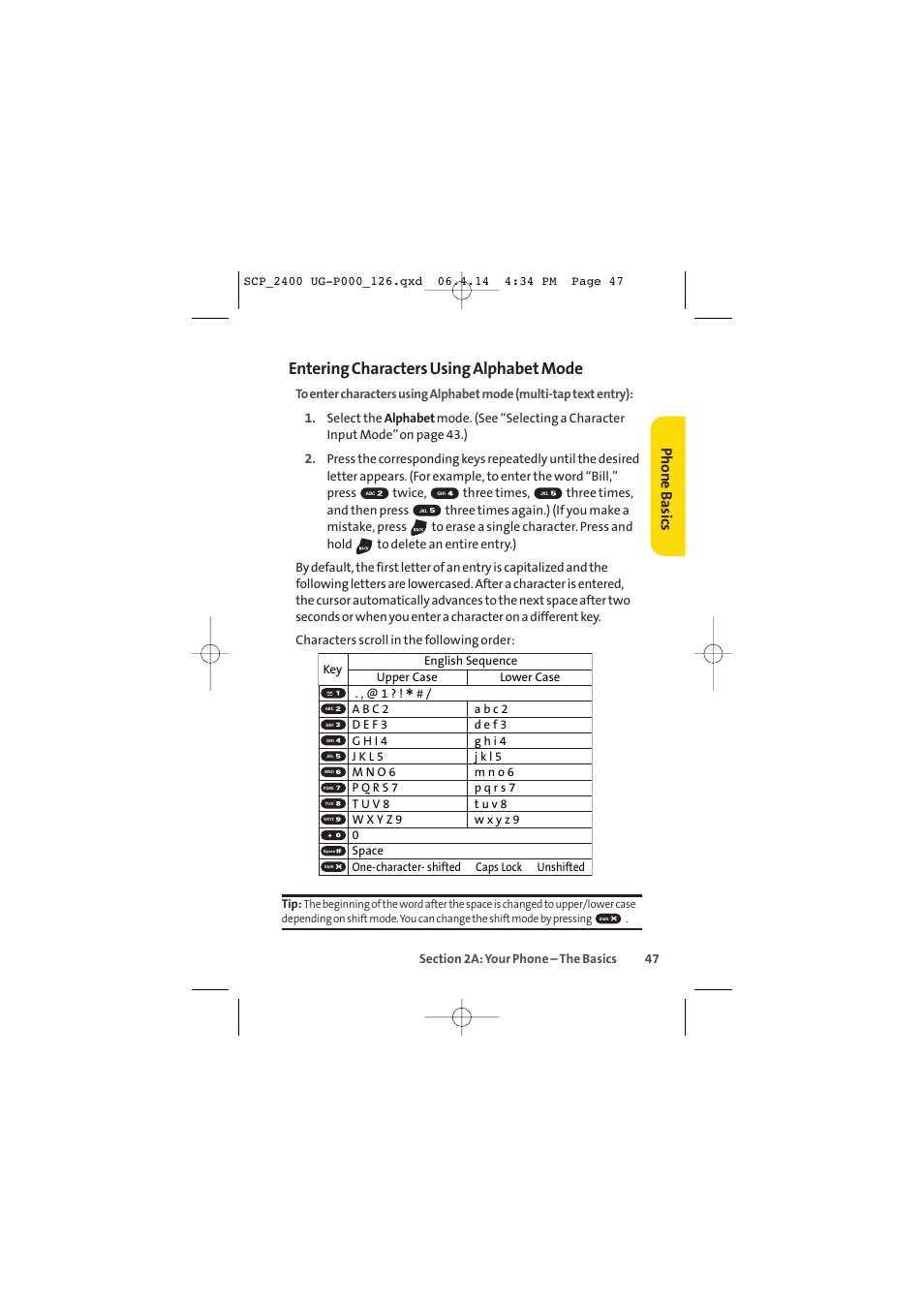 Entering characters using alphabet mode, Phone basics | Sprint Nextel SPRINT PCS VISION SCP-2400 User Manual | Page 63 / 256