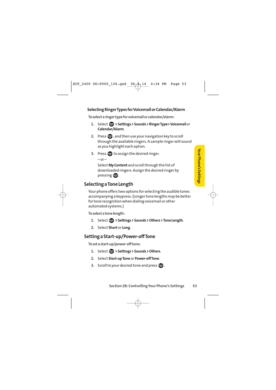 Selecting a tone length, Setting a start-up/power-off tone | Sprint Nextel SPRINT PCS VISION SCP-2400 User Manual | Page 69 / 256