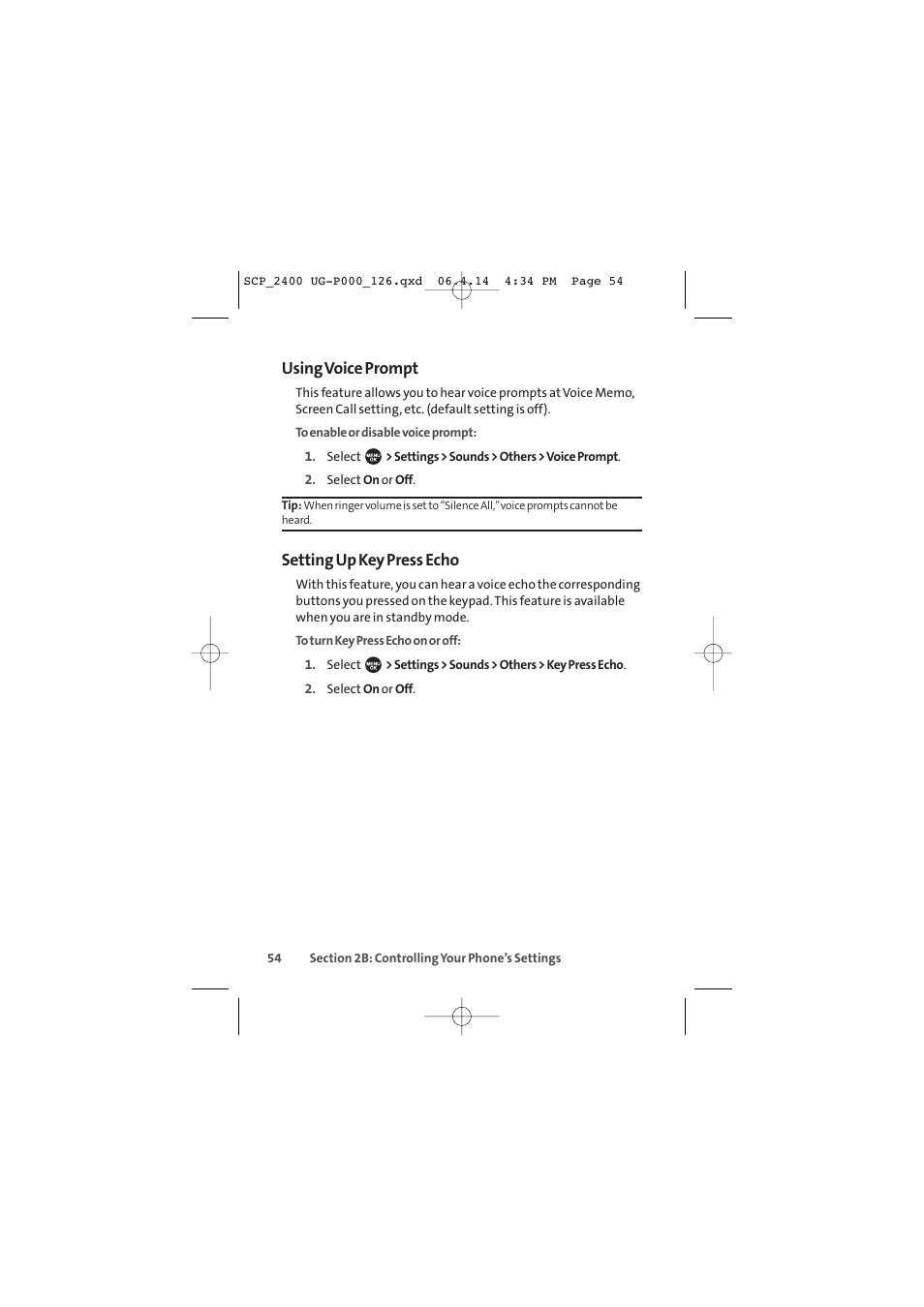 Using voice prompt, Setting up key press echo | Sprint Nextel SPRINT PCS VISION SCP-2400 User Manual | Page 70 / 256