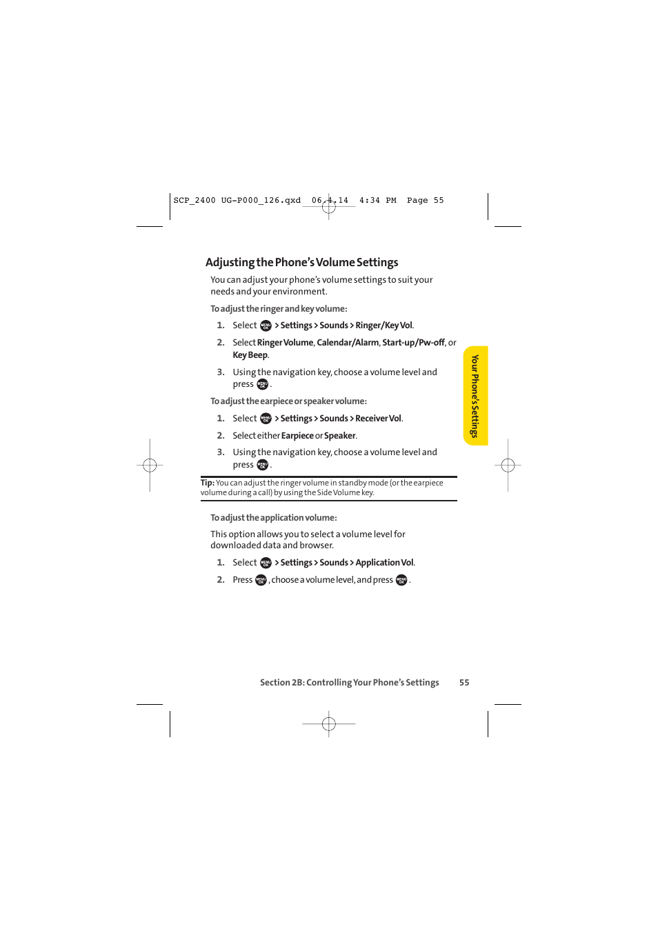 Adjusting the phone’s volume settings | Sprint Nextel SPRINT PCS VISION SCP-2400 User Manual | Page 71 / 256