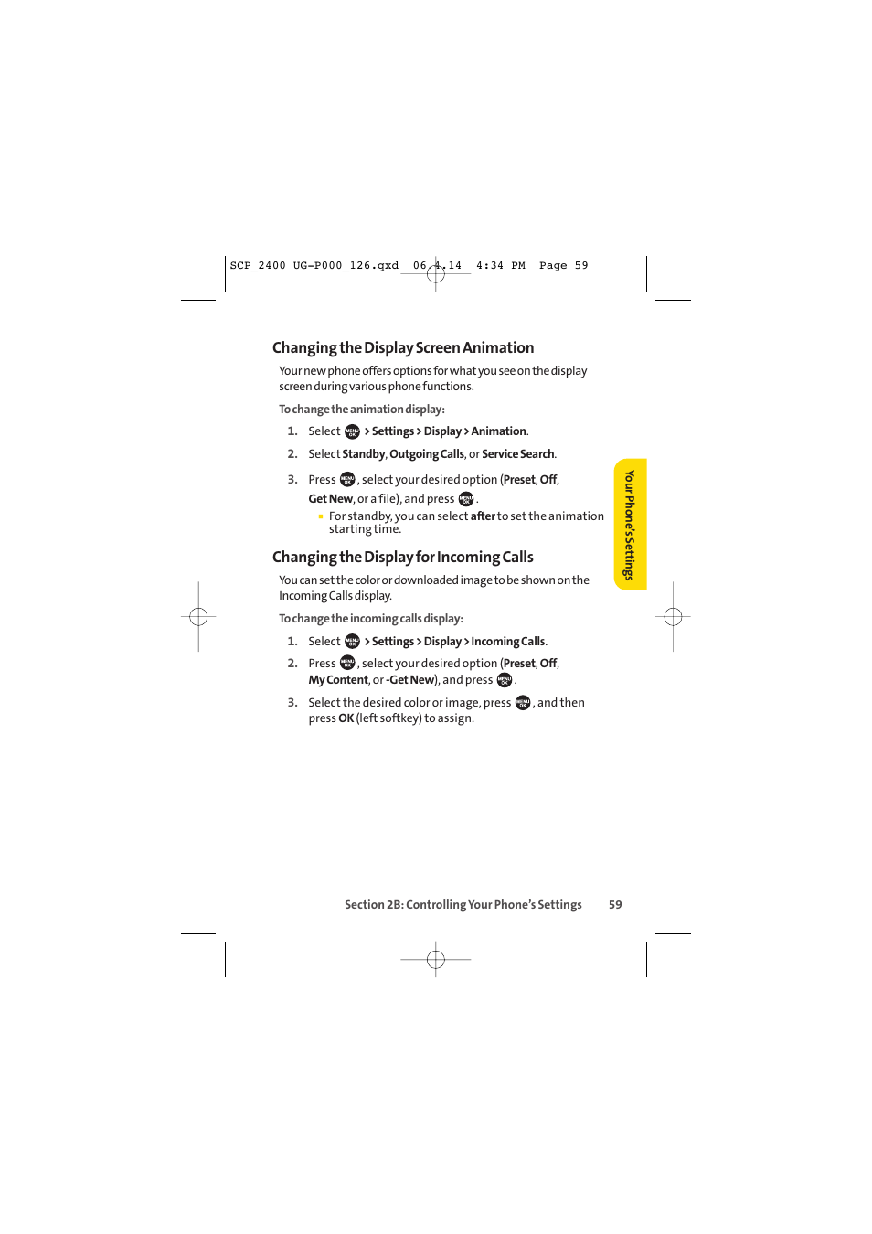 Changing the display screen animation, Changing the display for incoming calls | Sprint Nextel SPRINT PCS VISION SCP-2400 User Manual | Page 75 / 256