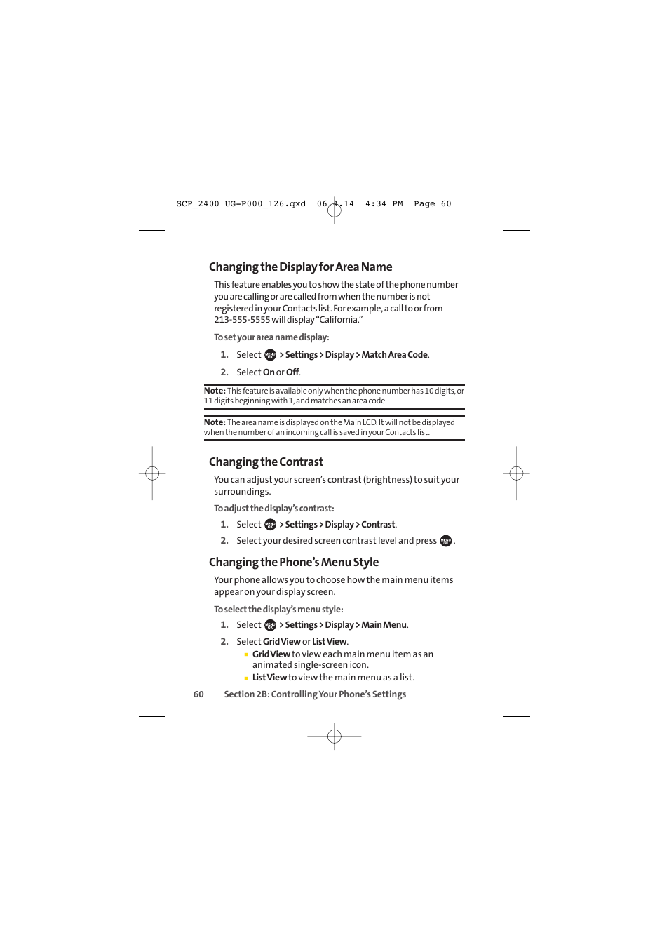 Changing the display for area name, Changing the contrast, Changing the phone’s menu style | Sprint Nextel SPRINT PCS VISION SCP-2400 User Manual | Page 76 / 256