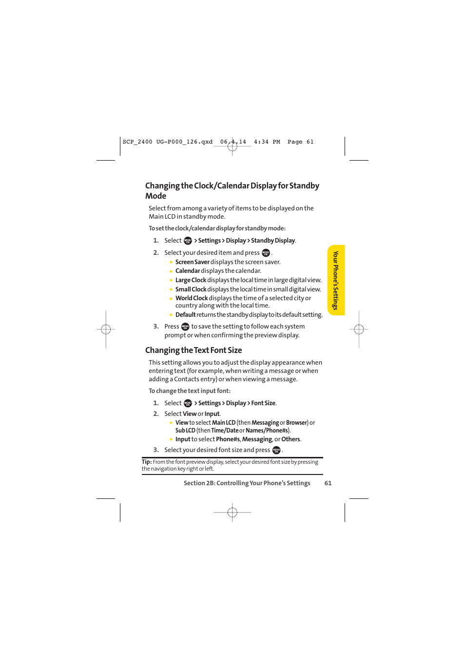 Changing the text font size | Sprint Nextel SPRINT PCS VISION SCP-2400 User Manual | Page 77 / 256