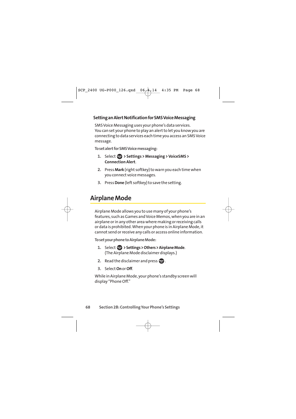 Airplane mode | Sprint Nextel SPRINT PCS VISION SCP-2400 User Manual | Page 84 / 256