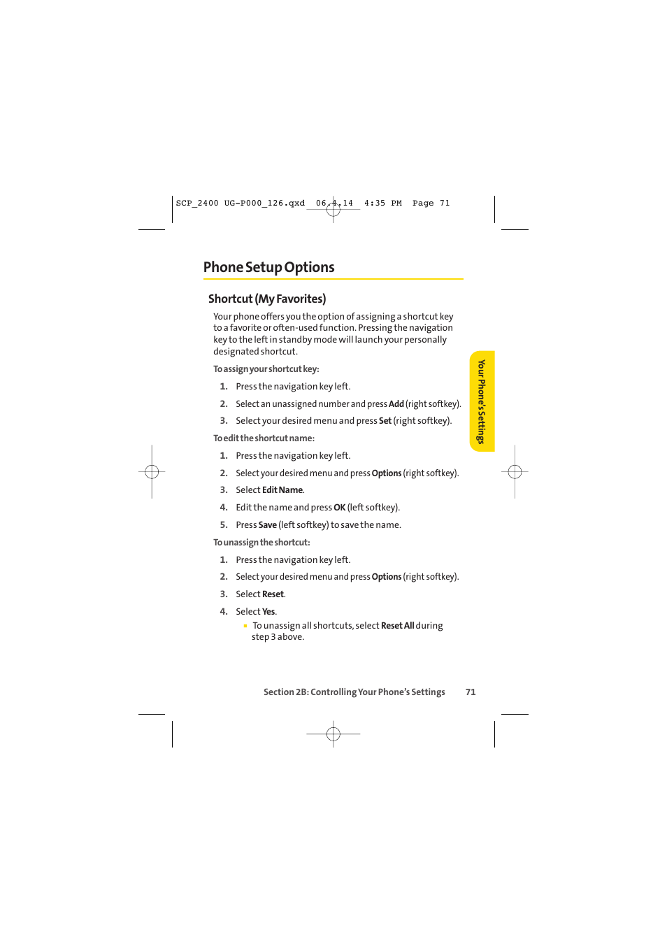 Phone setup options, Shortcut (my favorites) | Sprint Nextel SPRINT PCS VISION SCP-2400 User Manual | Page 87 / 256