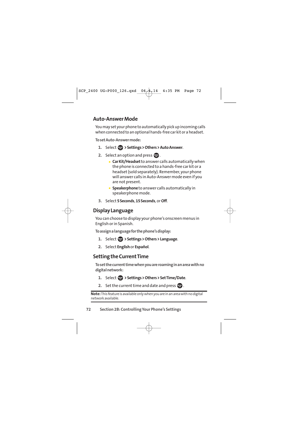 Auto-answer mode, Display language, Setting the currenttime | Sprint Nextel SPRINT PCS VISION SCP-2400 User Manual | Page 88 / 256