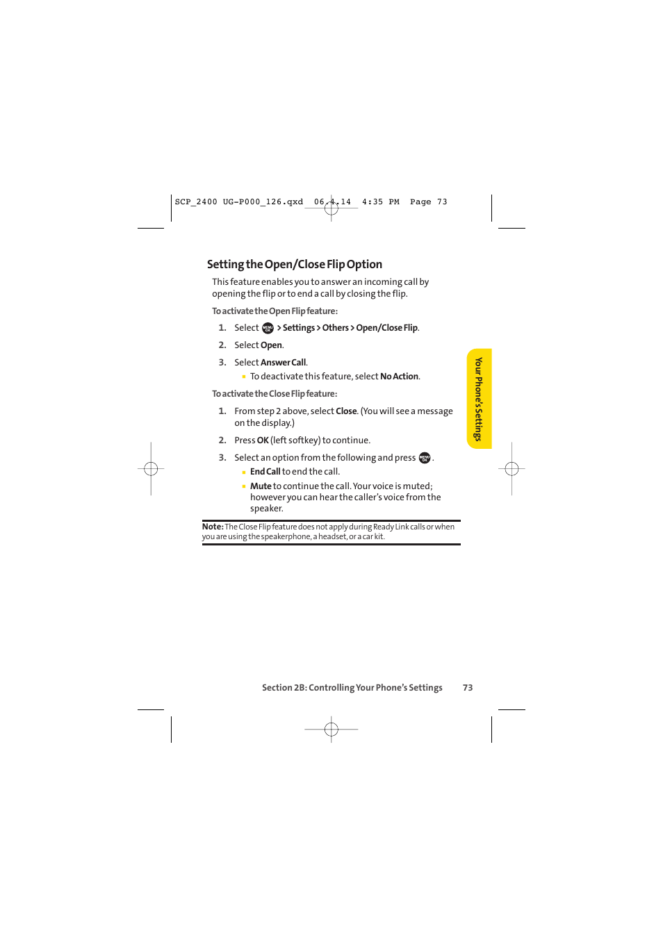 Setting the open/close flip option | Sprint Nextel SPRINT PCS VISION SCP-2400 User Manual | Page 89 / 256