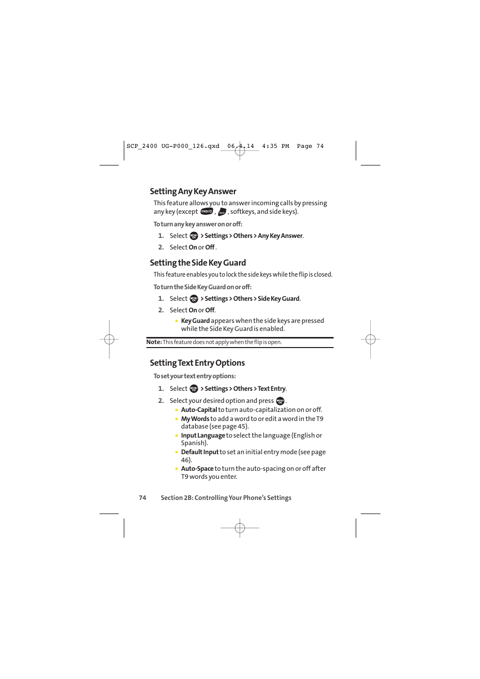 Setting any key answer, Setting the side key guard, Setting text entry options | Sprint Nextel SPRINT PCS VISION SCP-2400 User Manual | Page 90 / 256