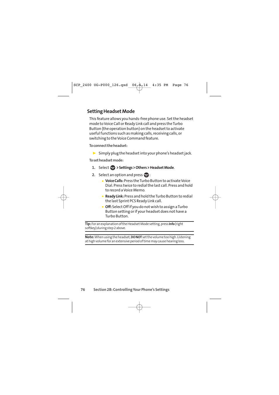 Setting headset mode | Sprint Nextel SPRINT PCS VISION SCP-2400 User Manual | Page 92 / 256