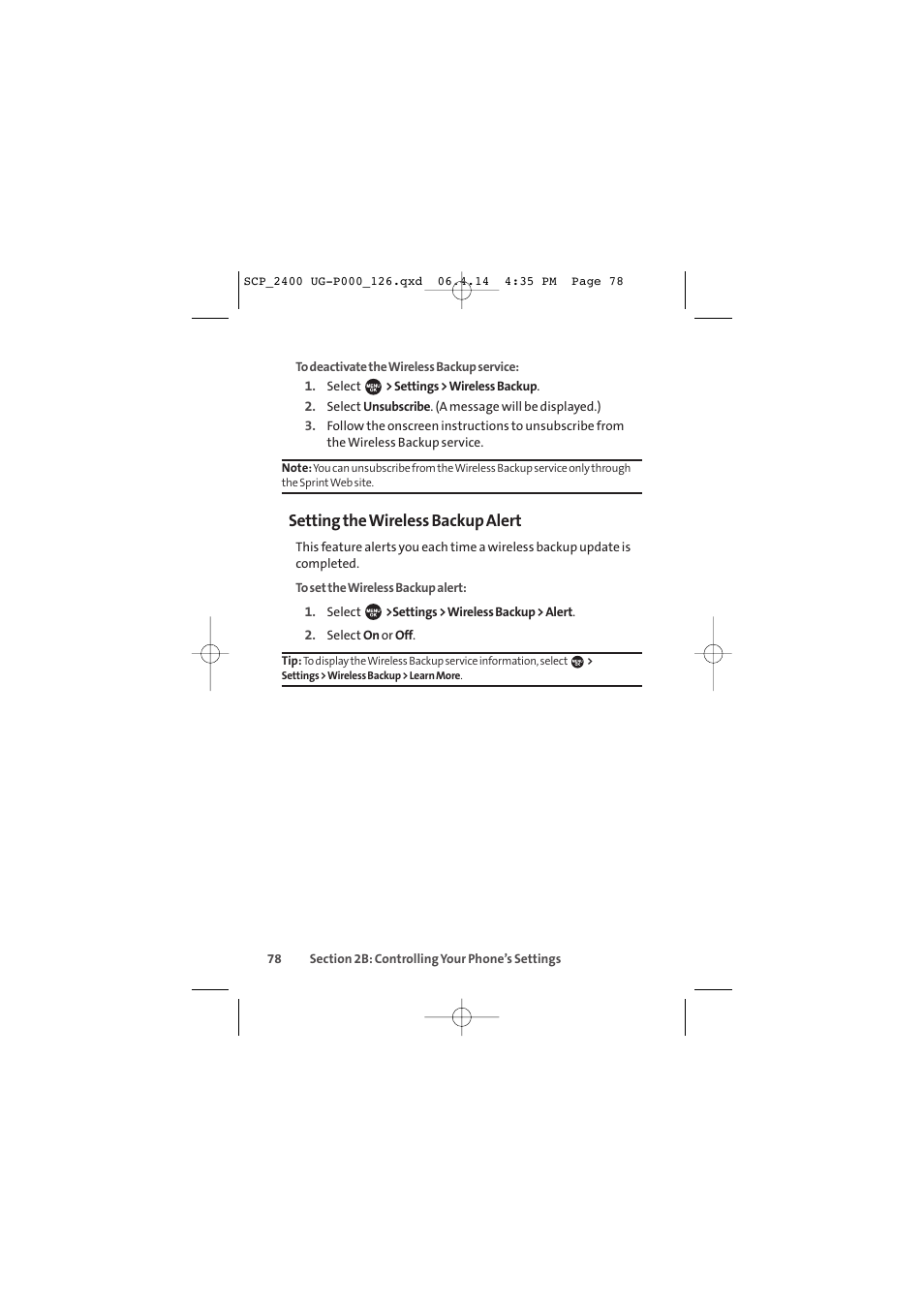 Setting the wireless backup alert | Sprint Nextel SPRINT PCS VISION SCP-2400 User Manual | Page 94 / 256