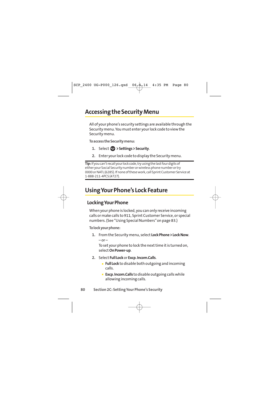 Accessing the security menu, Using your phone’s lock feature, Locking your phone | Sprint Nextel SPRINT PCS VISION SCP-2400 User Manual | Page 96 / 256