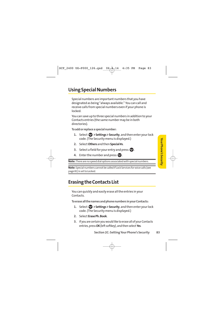 Using special numbers, Erasing the contacts list | Sprint Nextel SPRINT PCS VISION SCP-2400 User Manual | Page 99 / 256