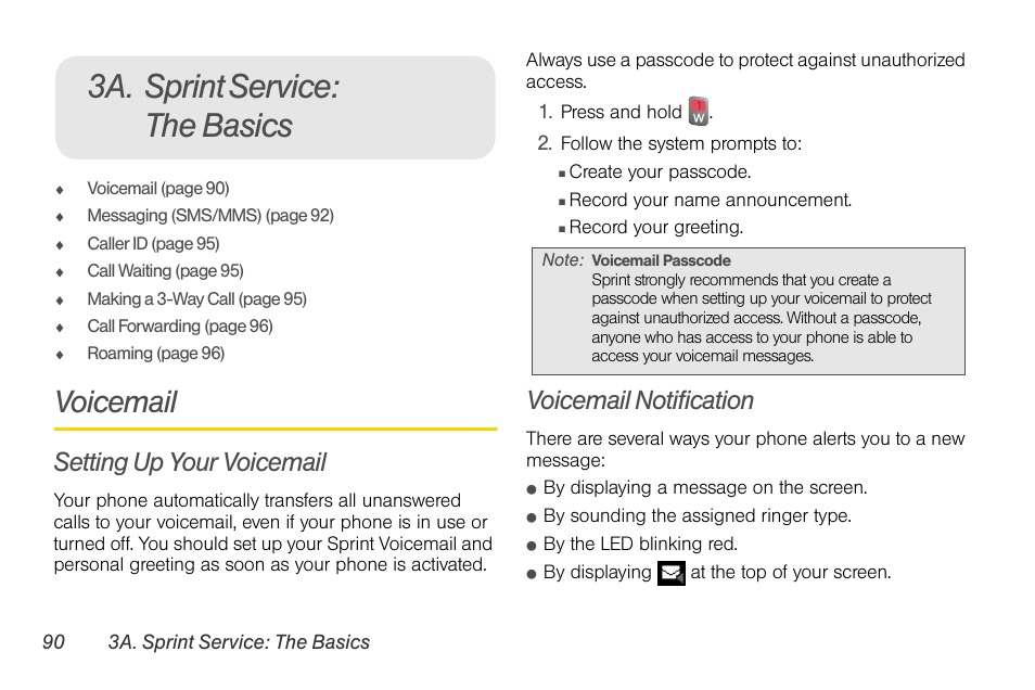 3a. sprint service: the basics, Voicemail, Setting up your voicemail | Voicemail notification | Sprint Nextel LG Remarq UG_9a_070709 User Manual | Page 100 / 143